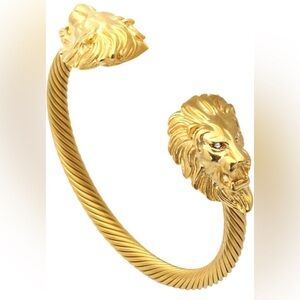 Gorgeous 18K Gold Stainless Steel Lion Head Cable Lion Cuff Bracelet